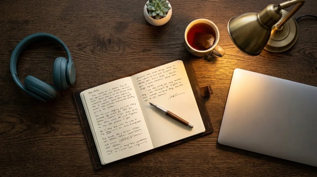 Vista cenital del espacio de trabajo de telesalud de un clínico — un cuaderno de cuero abierto con notas escritas a mano, audífonos, una lámpara de escritorio de latón y una taza de té sobre madera oscura.